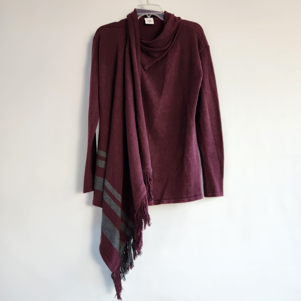 Cabi Burgundy Cowl Neck Sweater with Matching Fringe Scarf | Size Small